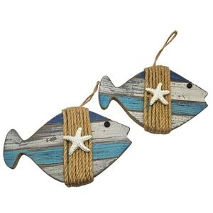Coastal Wood Fish Wall Decor Hanging Nautical Beach‎ House Theme White Teal Blue